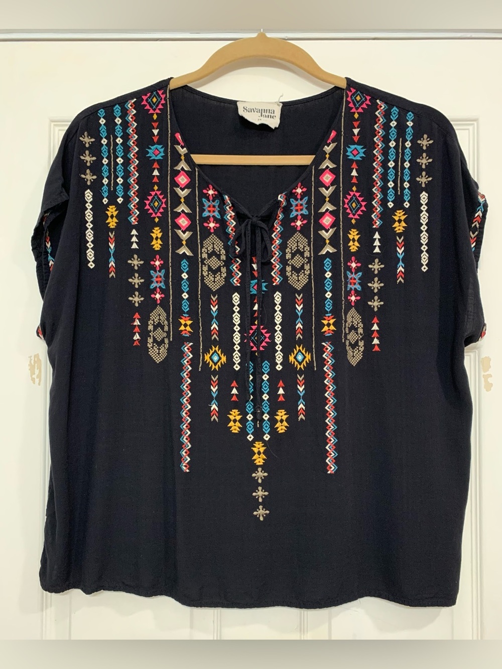 Savanna Jane Black Boho Multi Color Embroidery 3X Blouse. 3850